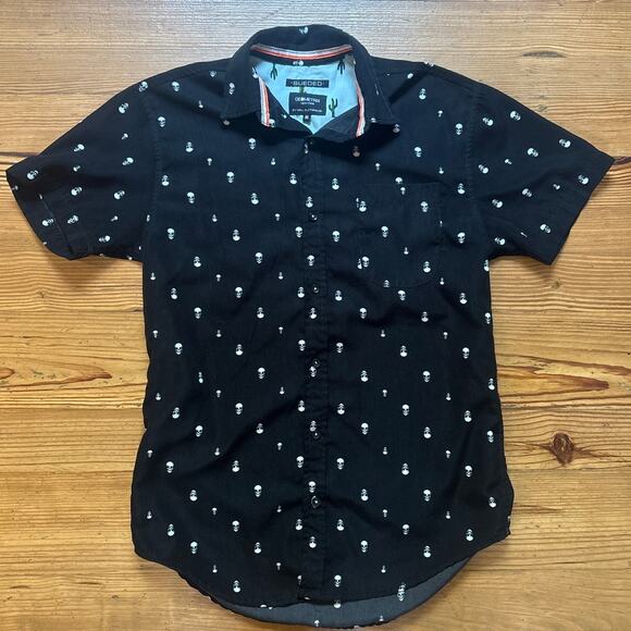 Drill Clothing Co black skull print short sleeve button up shirt SIZE M - Picture 1 of 5